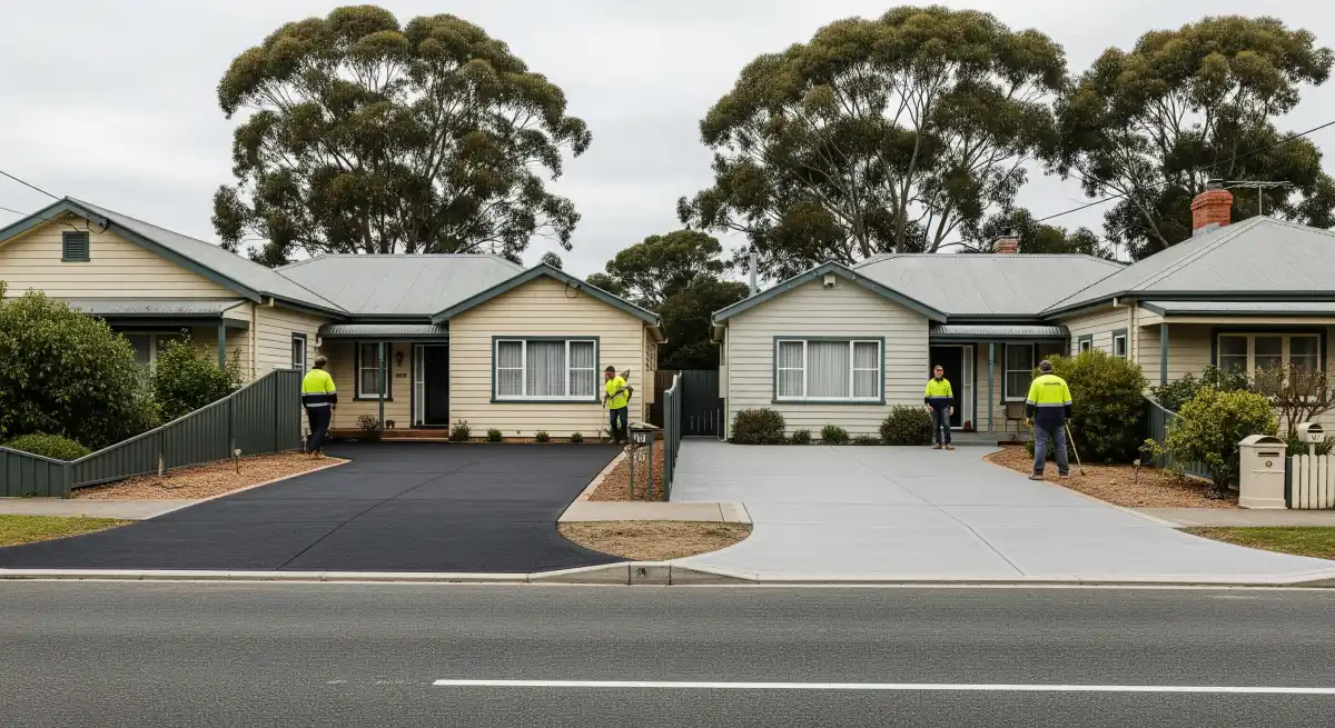 Side-by-side comparison of asphalt and concrete driveways at residential Tasmanian properties