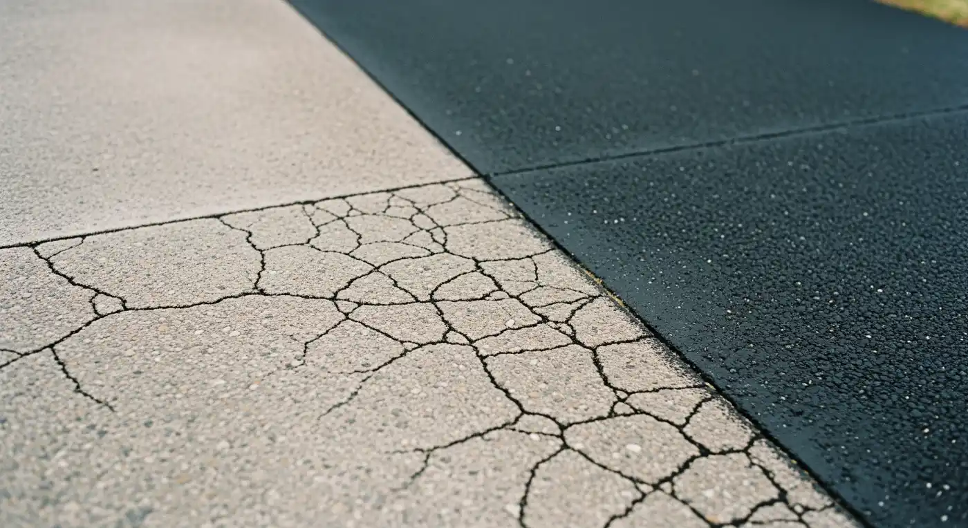 Comparison of an aging asphalt driveway before and after a seal coat treatment in Launceston