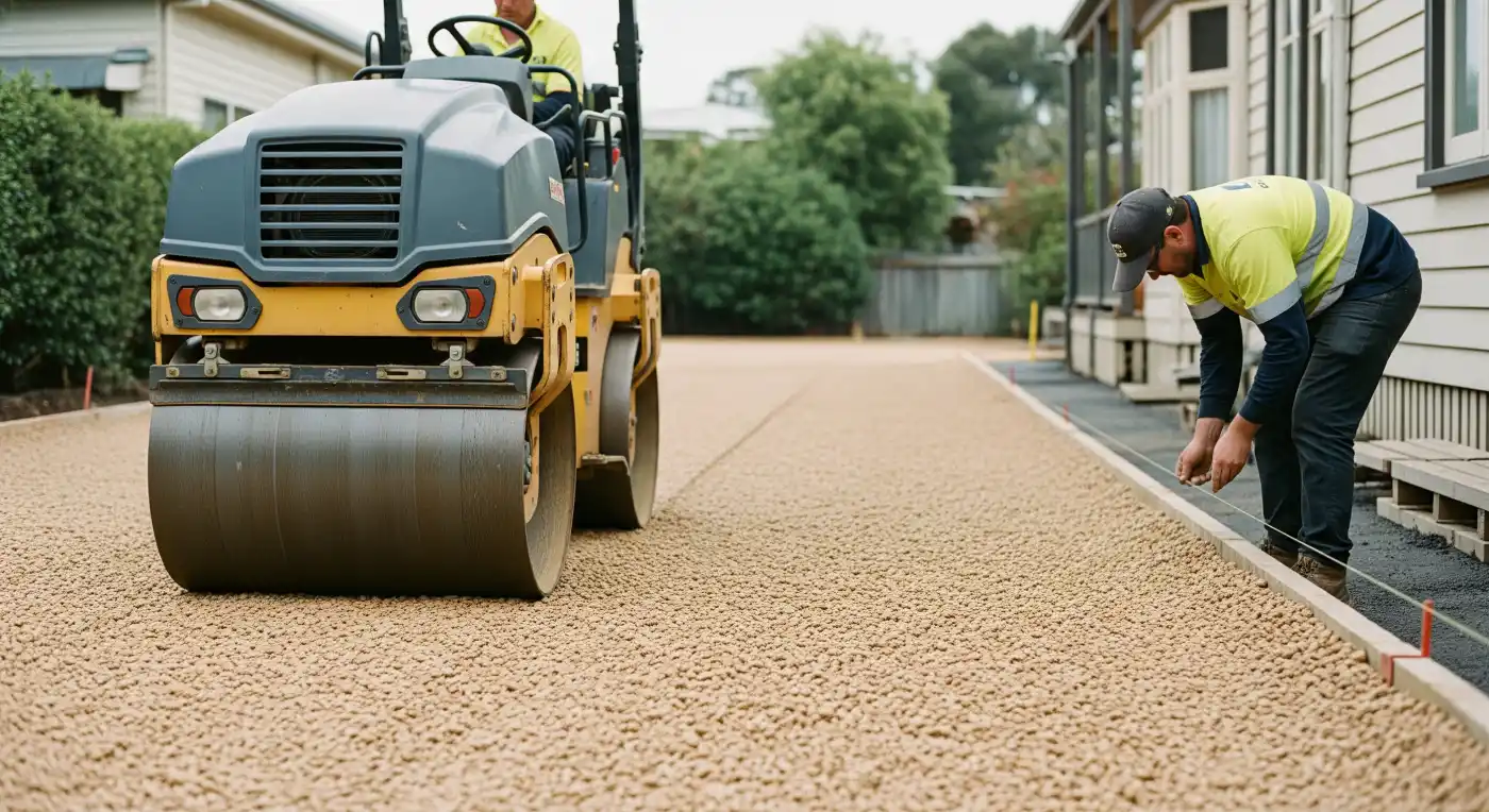 Compacted crushed road-base sub-base being prepared for an asphalt driveway pour in Launceston